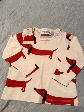Mini Rodini Red Dachshund Print Cream Long Sleeve Top